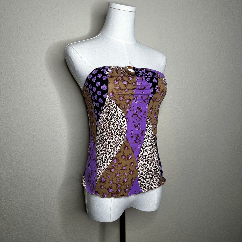 VTG Y2K Made in USA Patchwork Leopard Floral Tube Top Sz Large Festival Boho